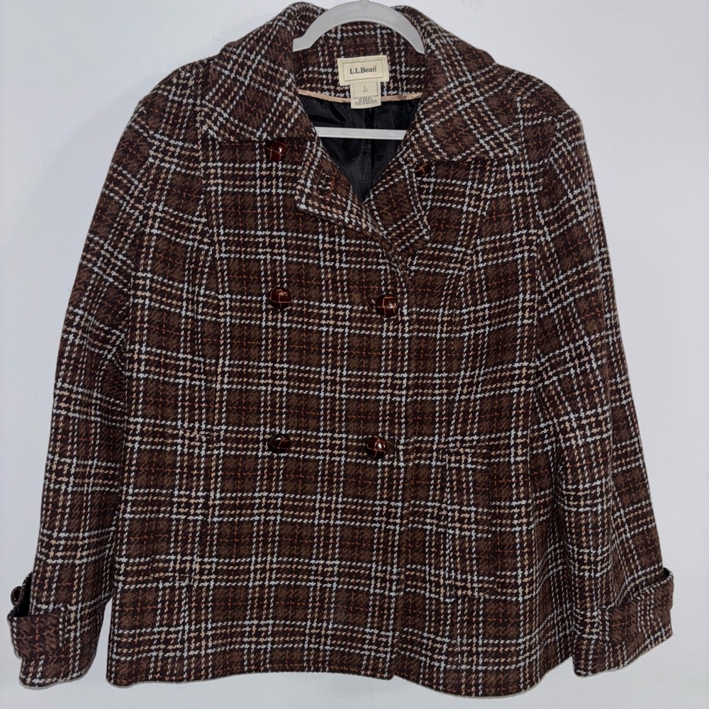 Vintage L.L.Bean Brown Plaid Wool Peacoat Jacket Petite L Double Breasted